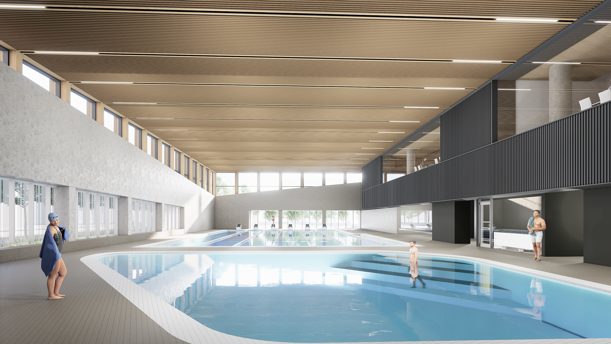 View of the proposed indoor aquatics with a second floor viewing deck overlooking a 6 lane lap pool and a smaller therapeutic pool.