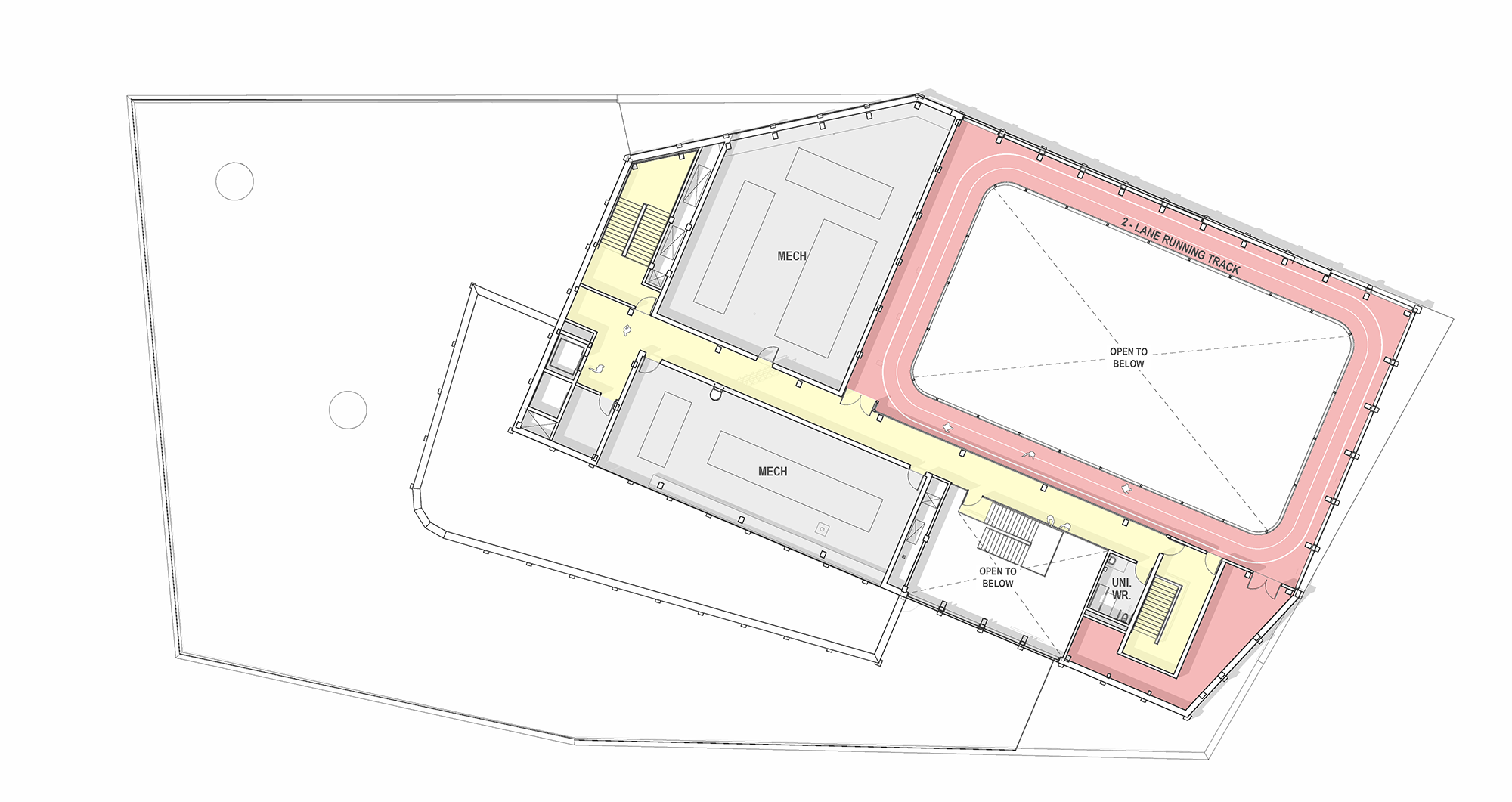 The floor plan of the new Lawrence Heights Community Recreation Centre’s fourth floor features the gymnasium’s mezzanine running track and mechanical rooms.