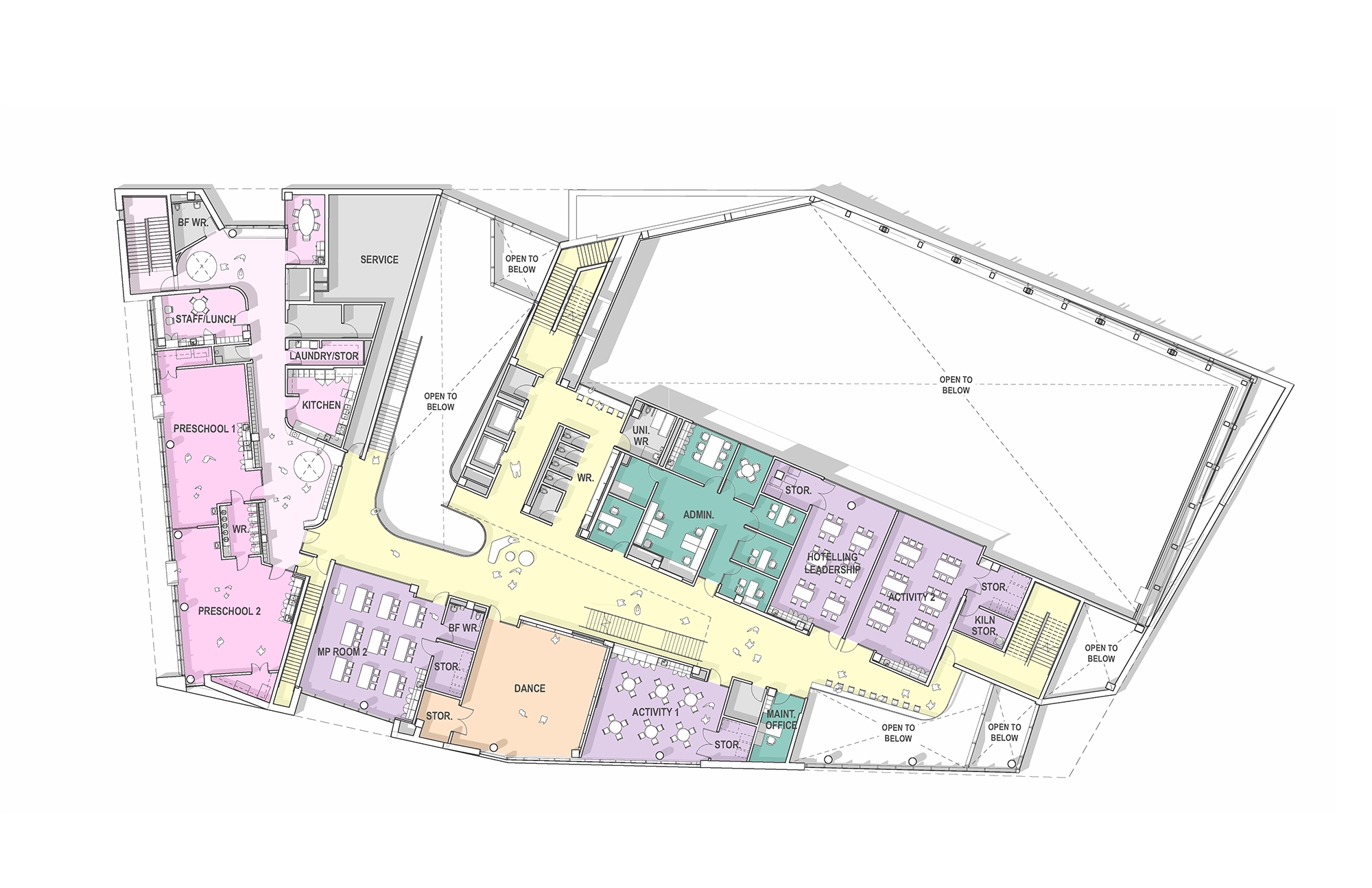 The floor plan for the new Lawrence Heights Community Recreation Centre’s second floor features multipurpose rooms, administrative rooms, a viewing deck for the aquatics area, and Child Care area.