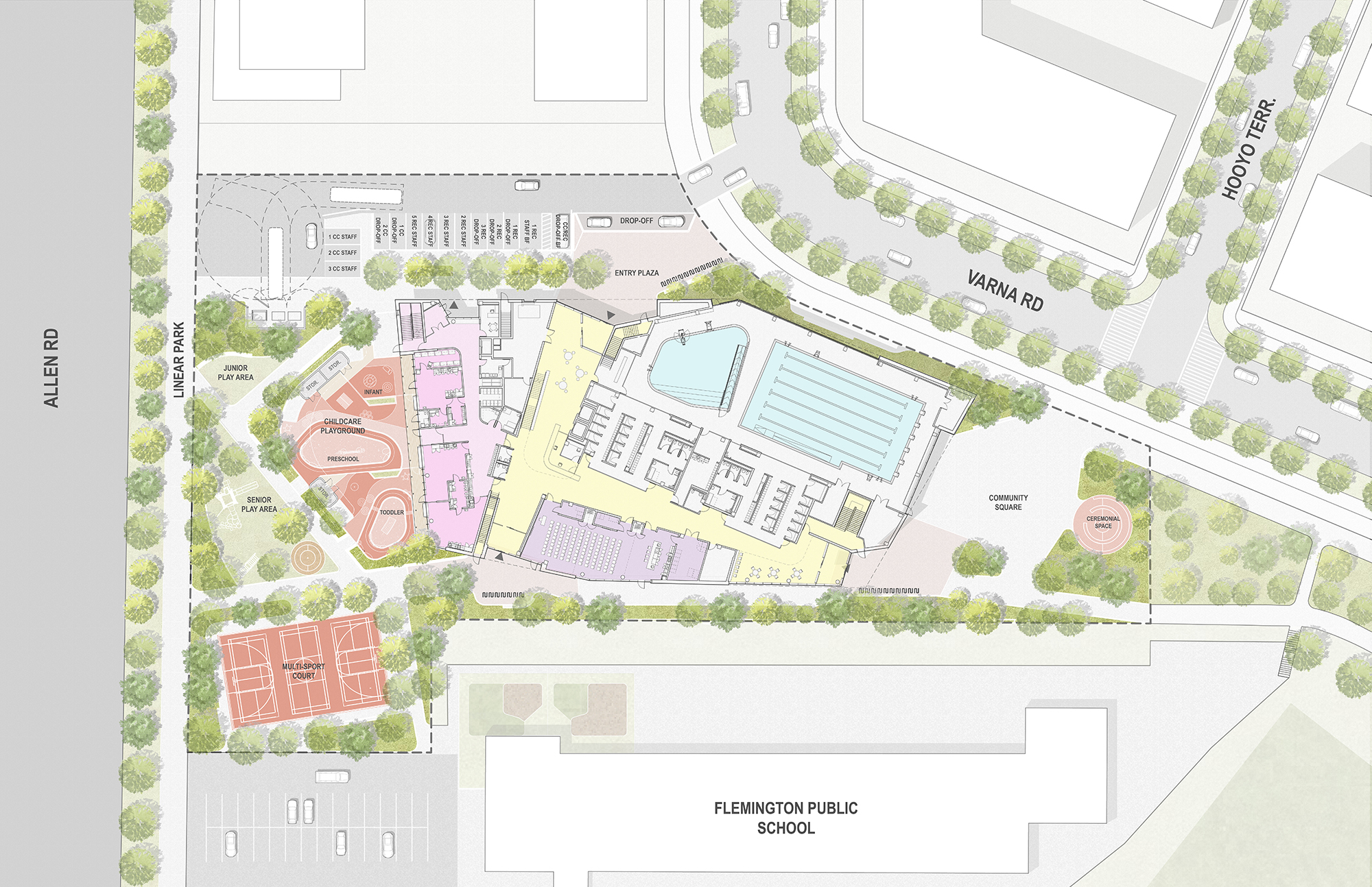 The new Lawrence Heights Community Recreation Centre and Child Care Centre is located to the north of Flemingdon Public School, between Allen Rd and Varna Rd extension. The site includes outdoor community gathering space, a multi-sport court playground areas, and parking.