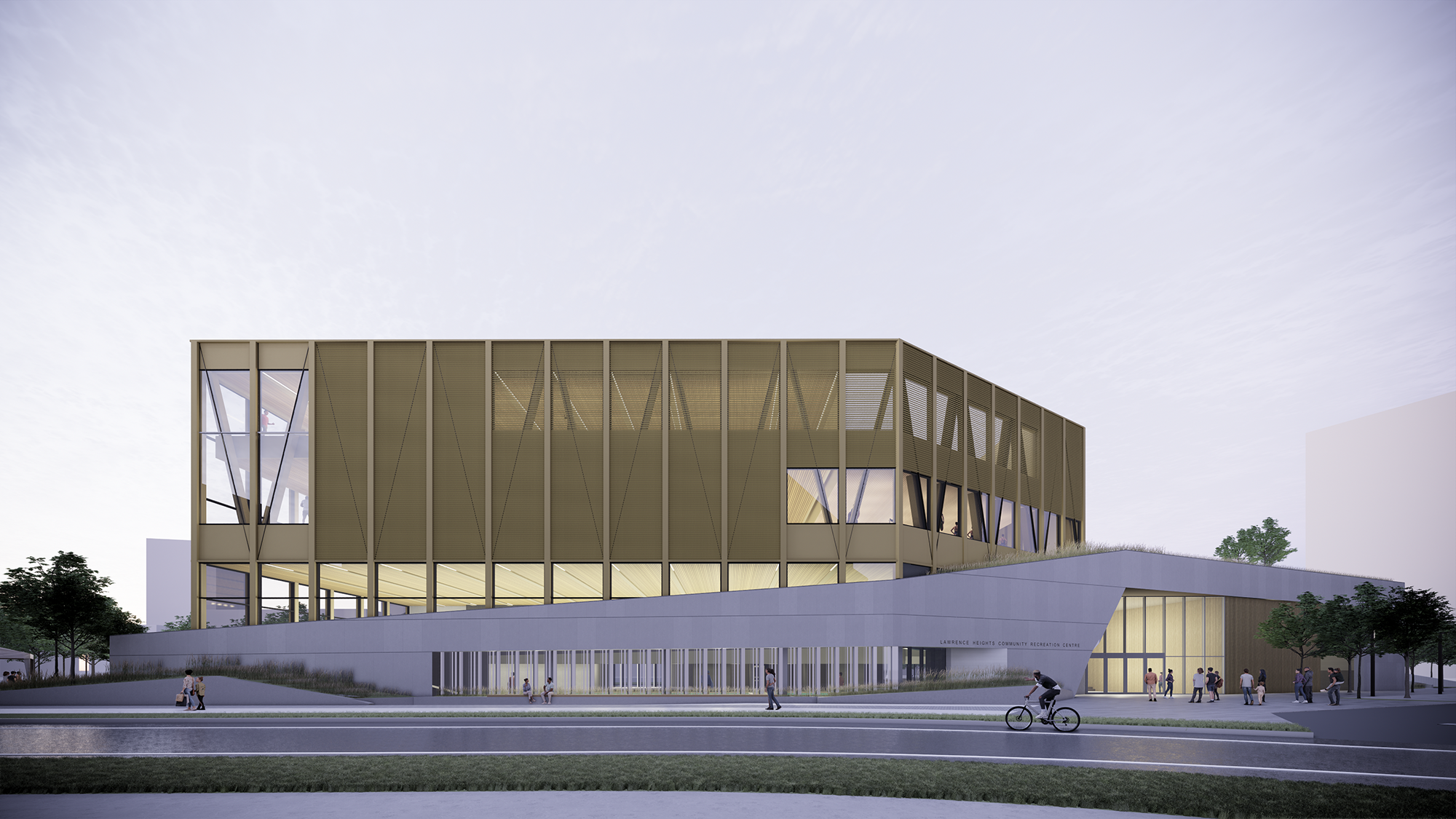 Artist rendering of the exterior building as seen from the north, featuring the main building entrance.
