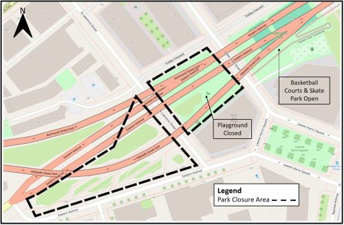 Map of area of Underpass Park which is closed. Please contact Maria Goretti Lippa, at 416-495-4214or email EastAdelaideBrdg@morrisonhershfield.com for more information. 