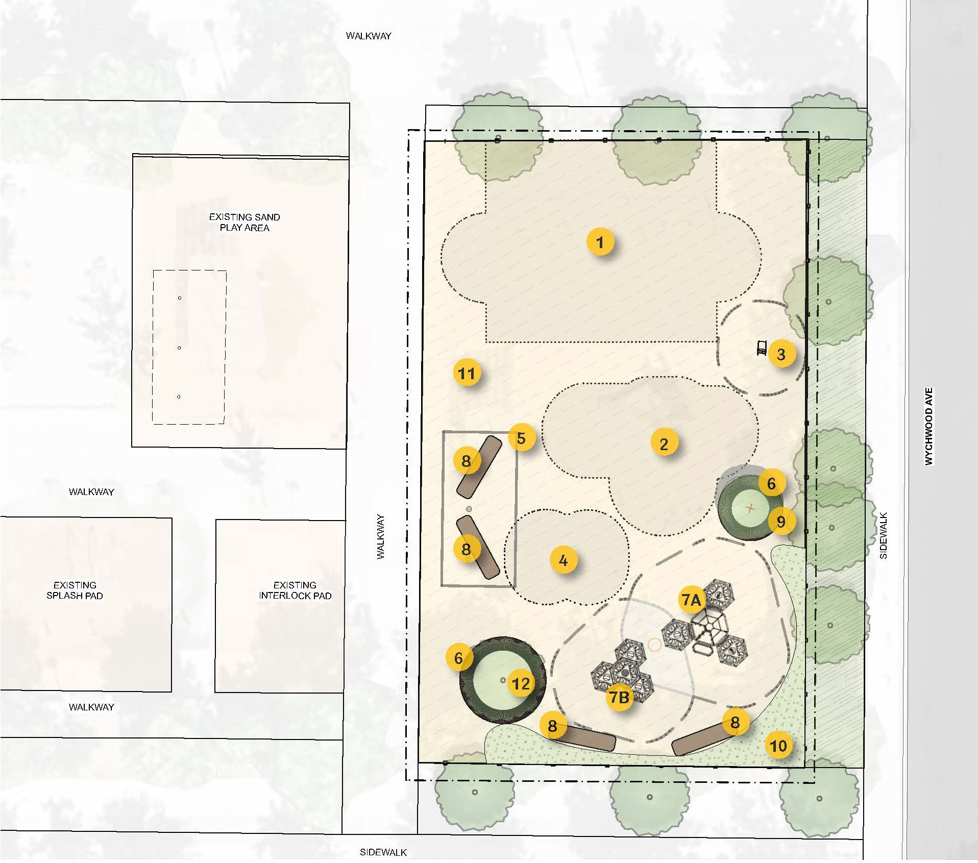 Design A - a map with Wychwood Avenue on the far left with areas numbered that corresponded with the list following the image. The focus of Design A is playcubes.