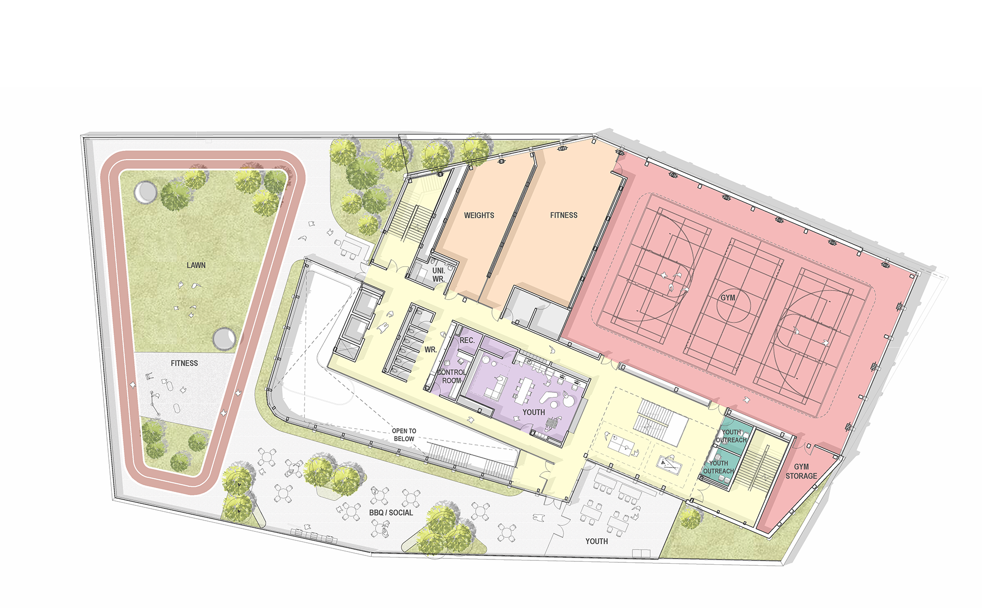 The floor plan of the new Lawrence Heights Community Recreation Centre’s third floor features a gymnasium, weight and fitness rooms, youth and tech rooms and programmed outdoor roof space with outdoor walking track and fitness equipment.