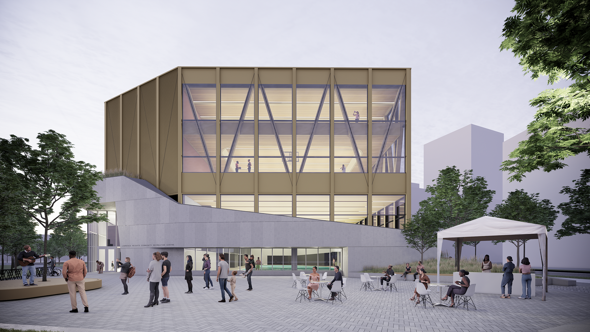 The new Lawrence Heights Community Centre showing a modern facade with three storeys featuring views into the aquatics area, gym and upper running track.