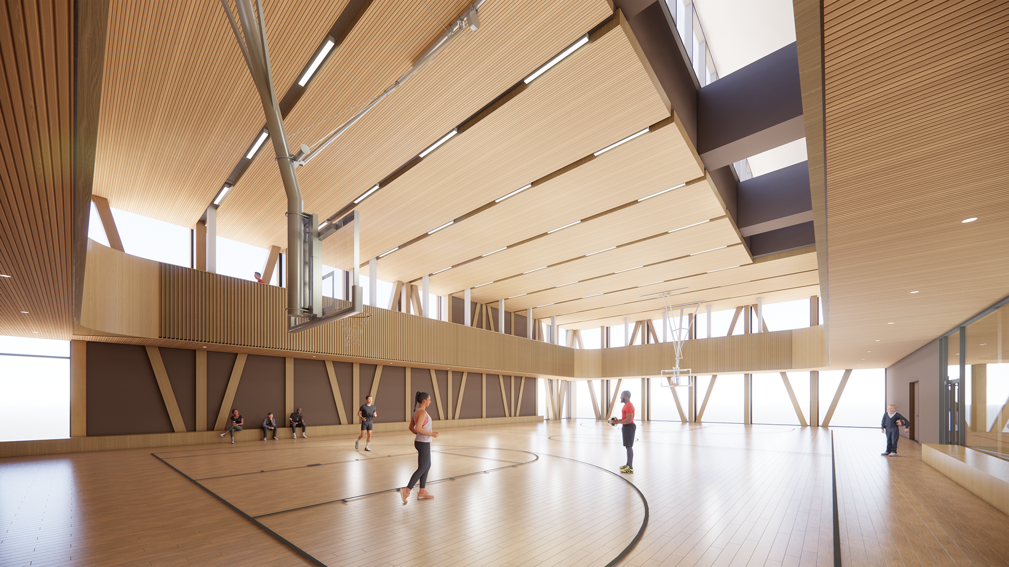 View of the proposed double gymnasium featuring a full basketball court, bench seating and a mezzanine running track.