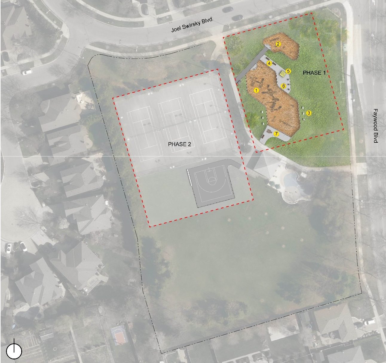 Site plan of improvements to Balmoral Park showing two areas of the park outlined with dashed red boxes to indicate the two phases of implementation.