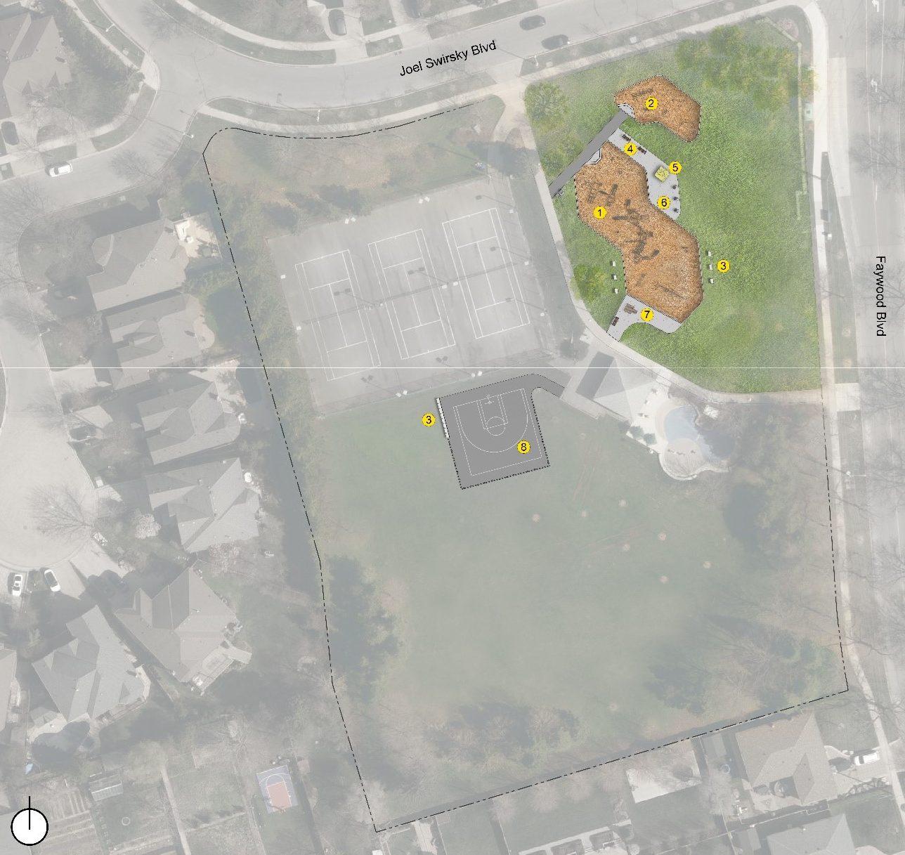 Site plan of improvements to Balmoral Park showing the play, fitness and seating areas in the north-east corner of the park and the half court for basketball on the west side of the park, south of the existing tennis courts.