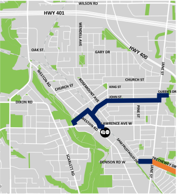 Map of project area from Highway 401 to Trethewey Drive and Jane Street to Weston Road. Highlighting the Humber River Recreational Trail to the Maple Leaf and Rustic Neighbourhoods, to Trethewey Drive, and to the Weston GO Station.