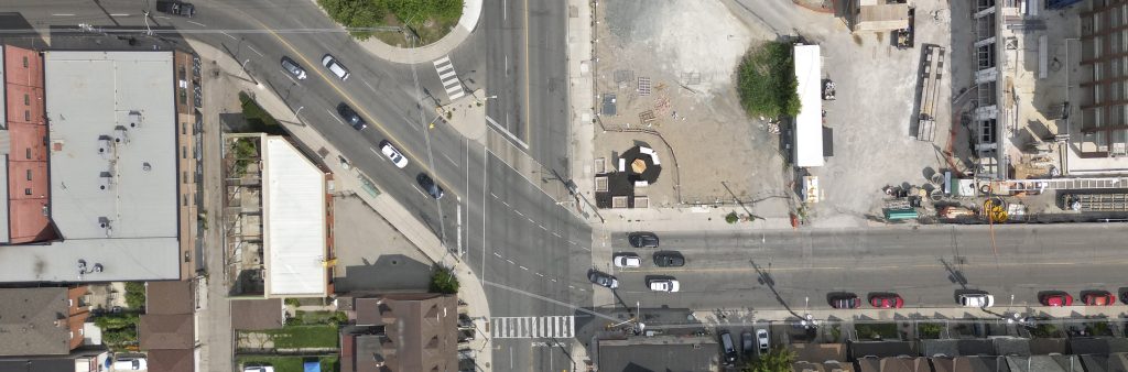 An overhead image of the intersection of Dupont Street and Ossington Avenue