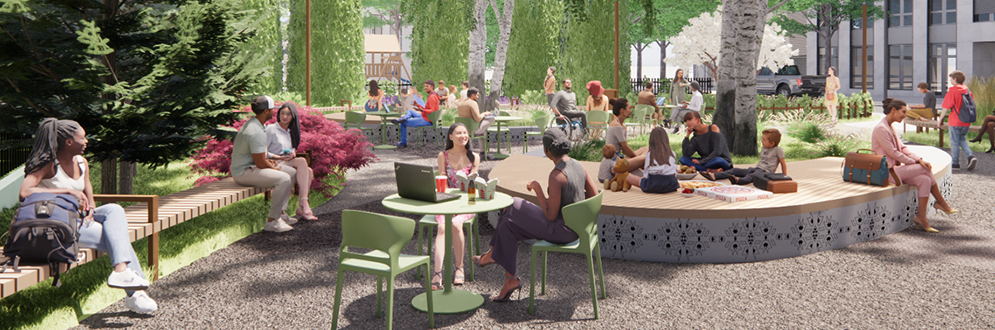 A rendered view of the proposed design for 51 Sussex Parkette. The view is looking North East from the South East entrance off Spadina Avenue. We can see the plant material that surrounds the tables and chairs and the wood-topped concrete seat wall with an inlaid indigenous pattern making up this community gathering space.