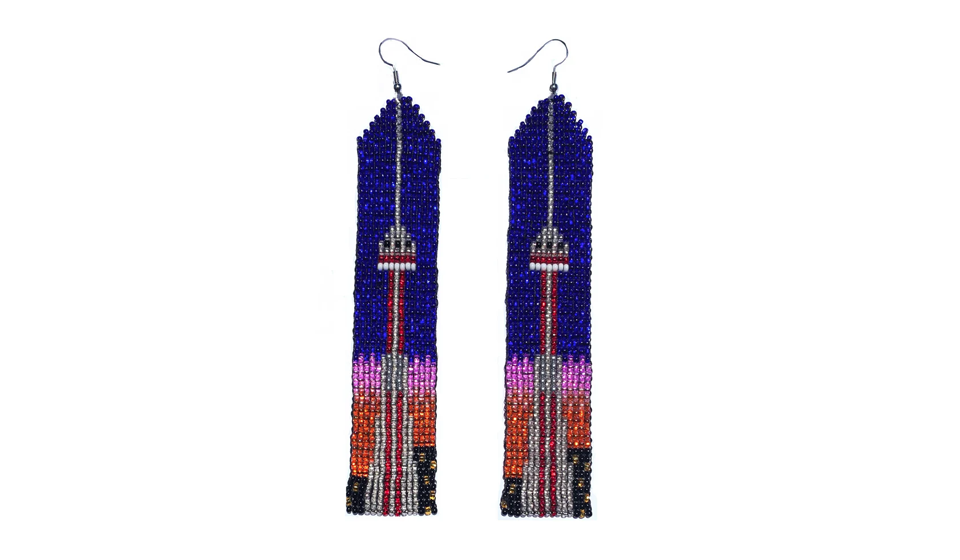 Beaded earrings of CN Tower at sunset