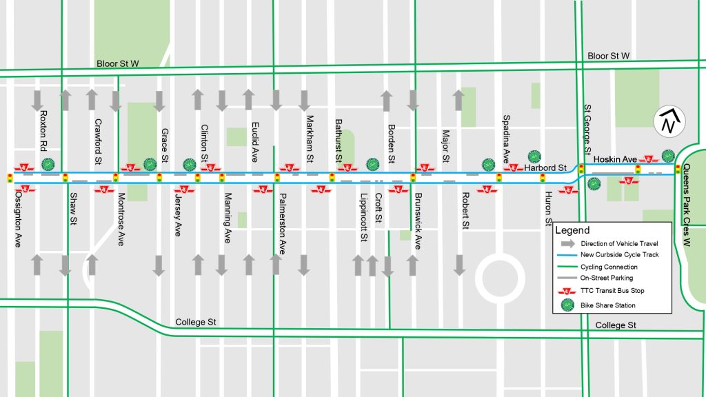 Map of cycling upgrades on Harbord Street and Hoskin Avenue