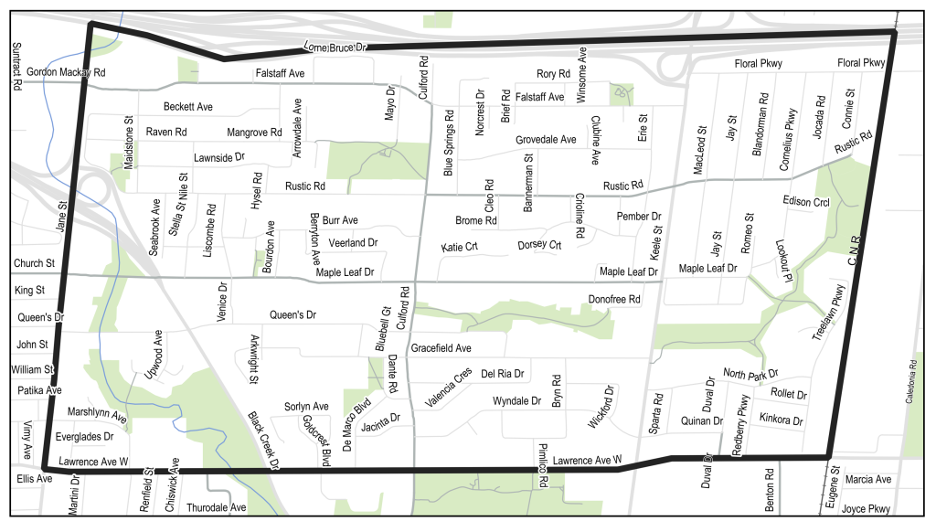 Maple Leaf & rustic Neighbourhood Streets Plan: the project area is located between Jane Street to the west, the rail corridor to the east, Highway 401 to the north, and Lawrence Avenue West to the south.