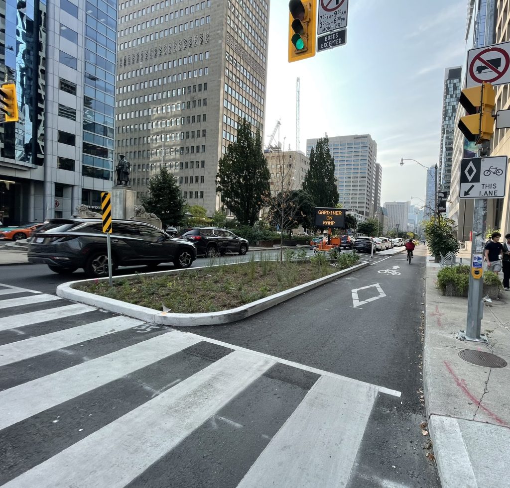 A bioretention planter separates a cycle track from the roadway on University Avenue. 