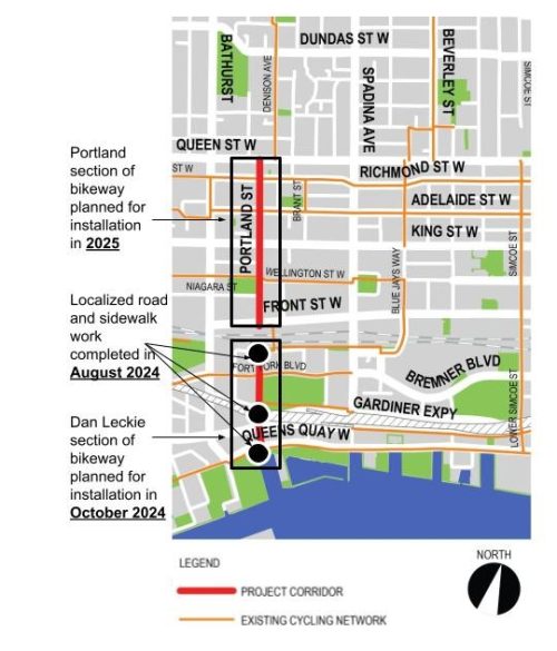 Map of downtown Toronto from the waterfront to north of Queen Street and from Lower Simcoe to Strachen Avenue. The map describes the existing cycling network, programmed cycling network and the project corridor along Portland Street, across the Puente de Luz bridge and down Dan Leckie Way.