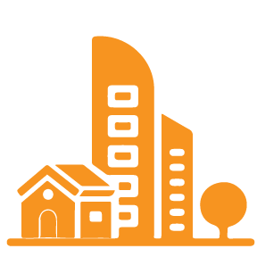 An orange icon depicting a house, tall buildings and a tree.
