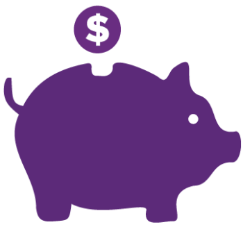 A purple icon depicting a coin above a piggy bank.