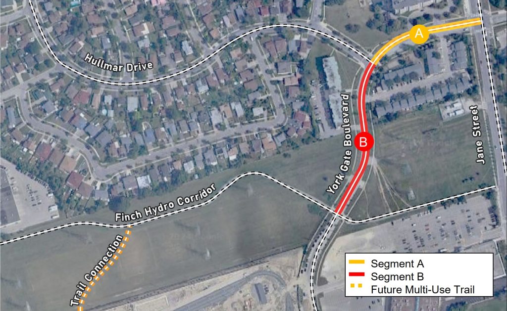 Map of project area highlighting York Gate Boulevard from Jane Street to the Finch Hydro Corridor and a future multi-use trail south of Finch Hydro Corridor. 