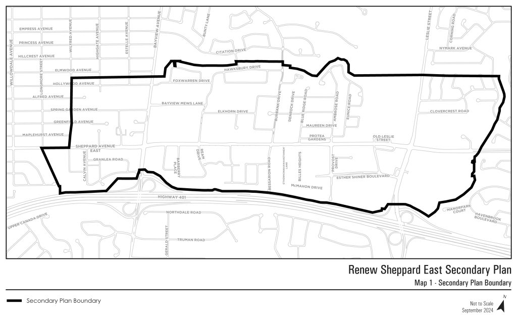 Map of the Recommended Renew Sheppard East Secondary Plan Area boundaries. The area generally starts from Sheppard East Park in the west to Dallington Park to the east, and Bayview Village Park to the north and Highway 401 to the south.