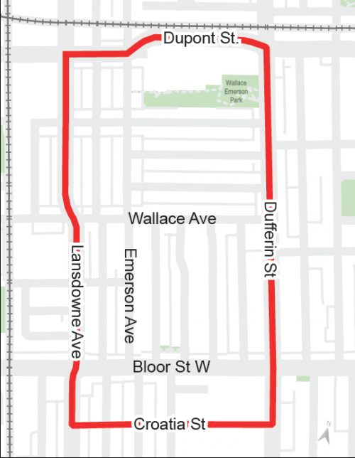 The image shows the boundaries of the project area. The project area is bounded to the north by Dupont Street, to the south by Croatia Street, to the east by Dufferin Street and to the west by Lansdowne Avenue. 