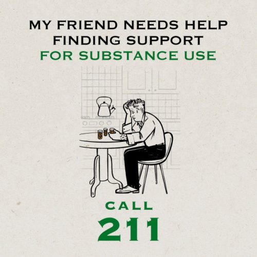 Poster describing to call 211 when my friend needs help finding support for substance use