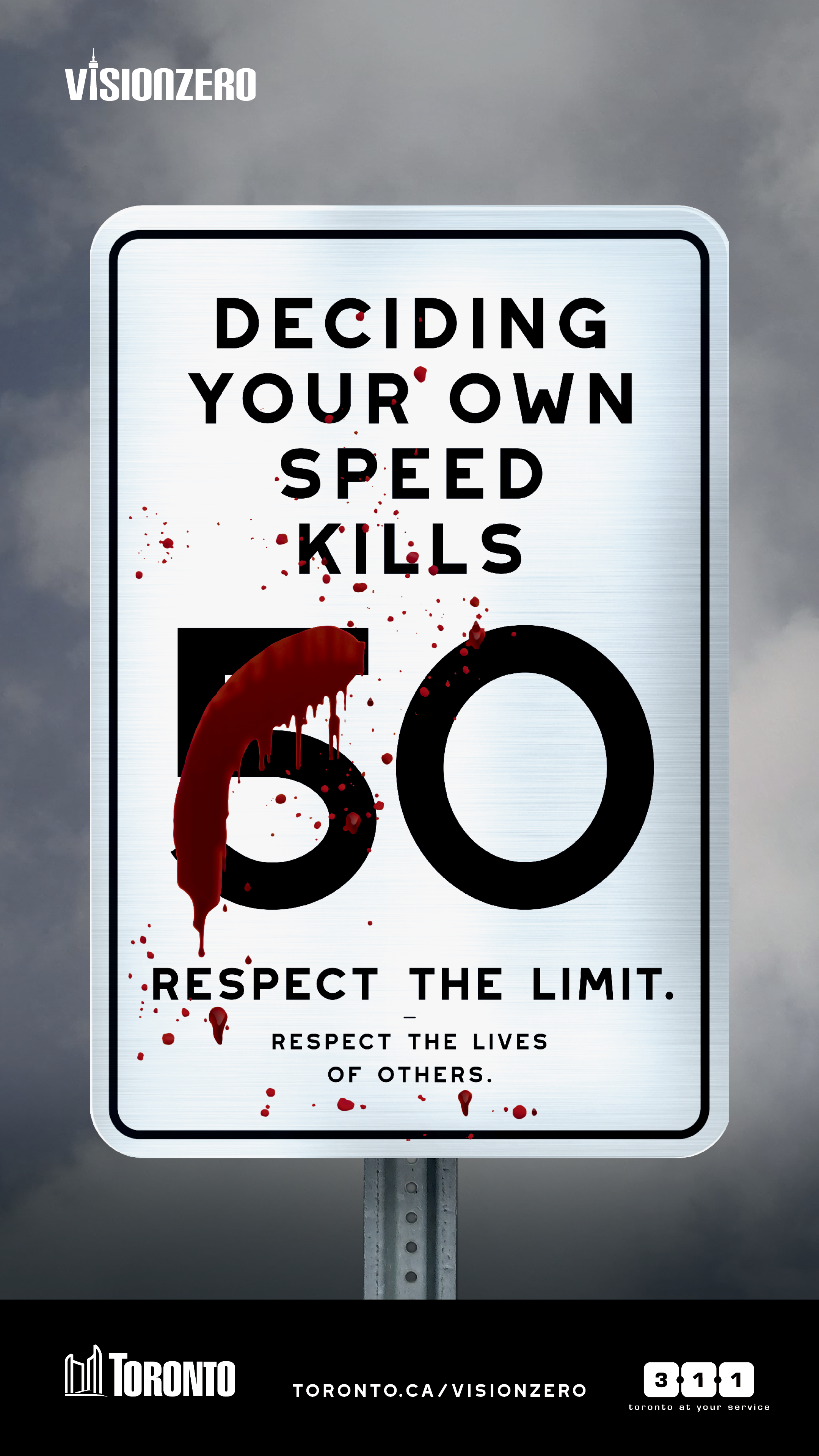 An image of a white speed sign that is 50km/hr changed to 60, that reads deciding your own speed kills. Respect the limit. Respect the lives of others. 