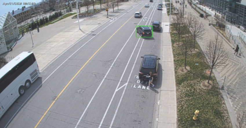 Parked cars with a green sensor around a vehicle
