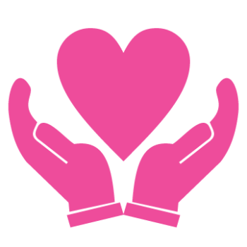 A pink icon depicting to hands holding a heart shape.