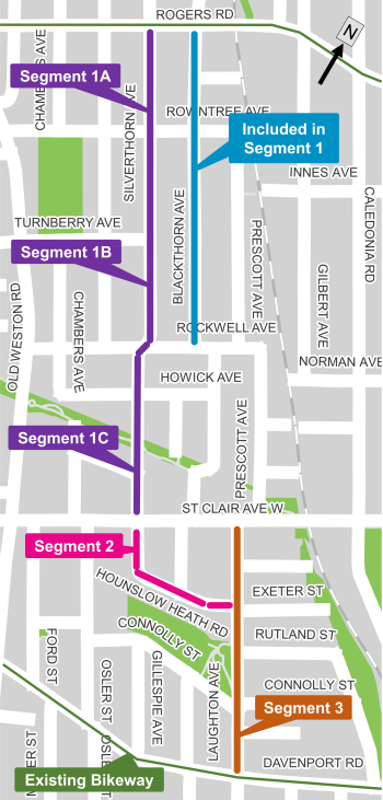 Project area on Silverthorne Avenue between Rogers Road and Davenport Road. The three segments are highlighted.