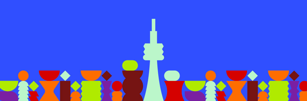 A graphic depicting the CN Tower and other colourful shapes on a bright blue background.
