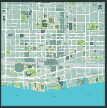 A map of the downtown area showing important landmarks, the subway system, parks etc. 