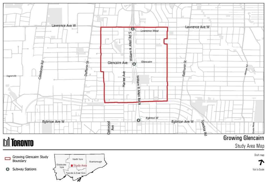 A map of the primary Growing Glencairn Study Area in the City of Toronto, located south of Lawrence Avenue West, east of Corona Street / Times Road, north of the Beltline and west of Dalemount Road.