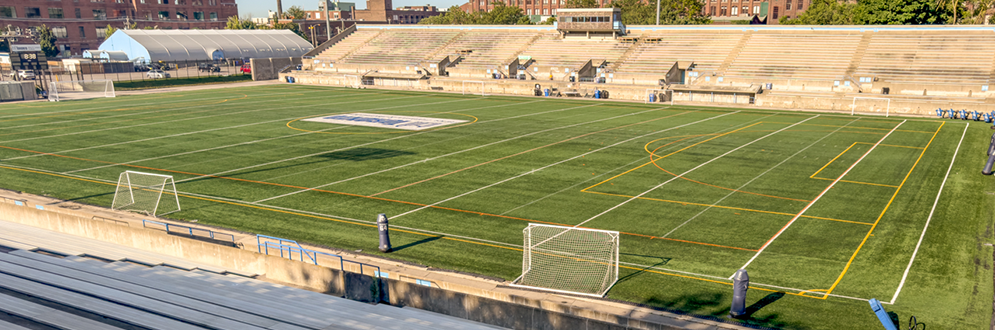 The stadium on a sunny day. There are nets on the field and a City of Toronto logo in the centre of the grass.