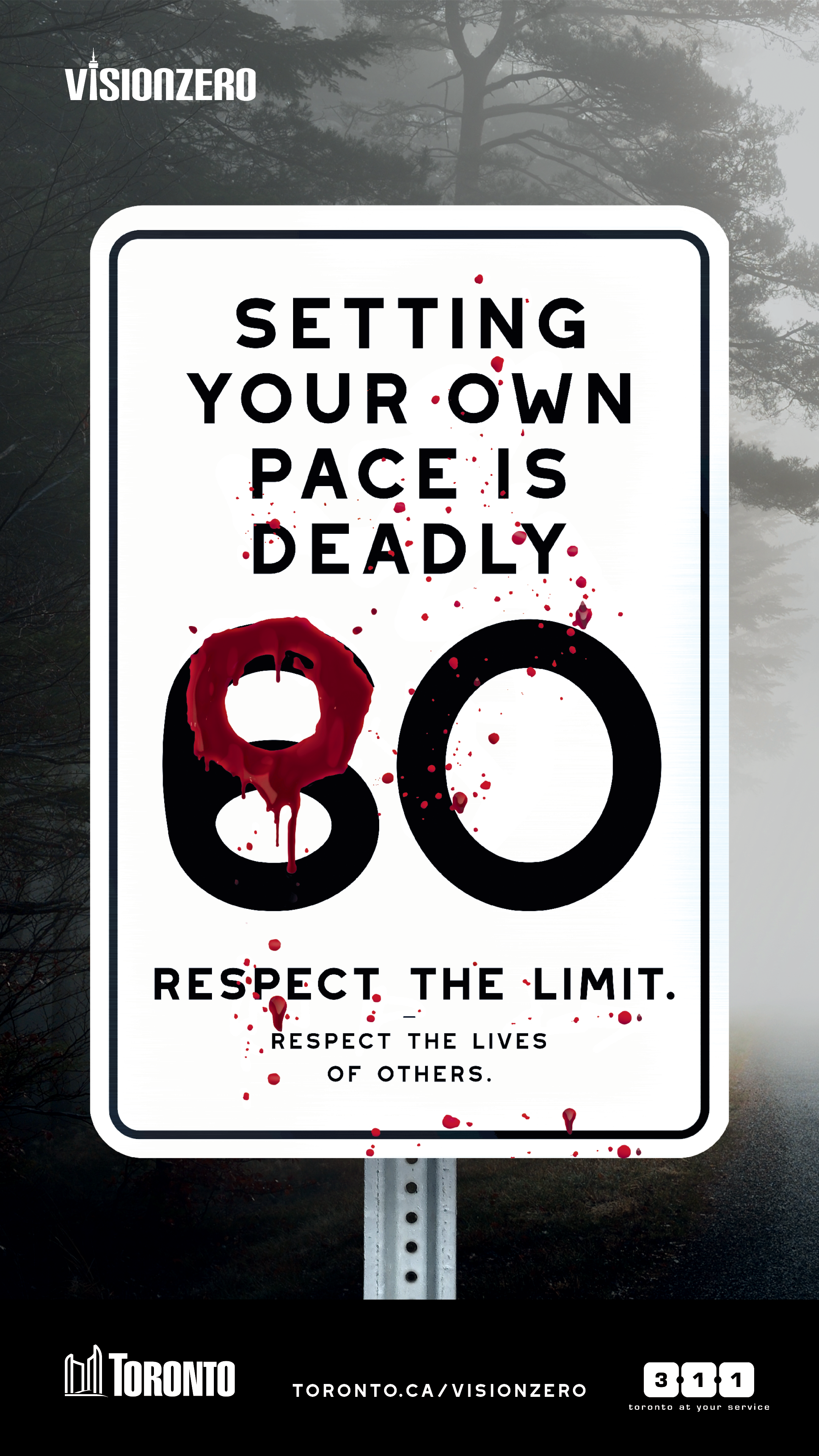 An image of a white speed sign that is 60km/hr changd to 80, that reads setting your own pace is deadly. Respect the limit. Respect the lives of others. 