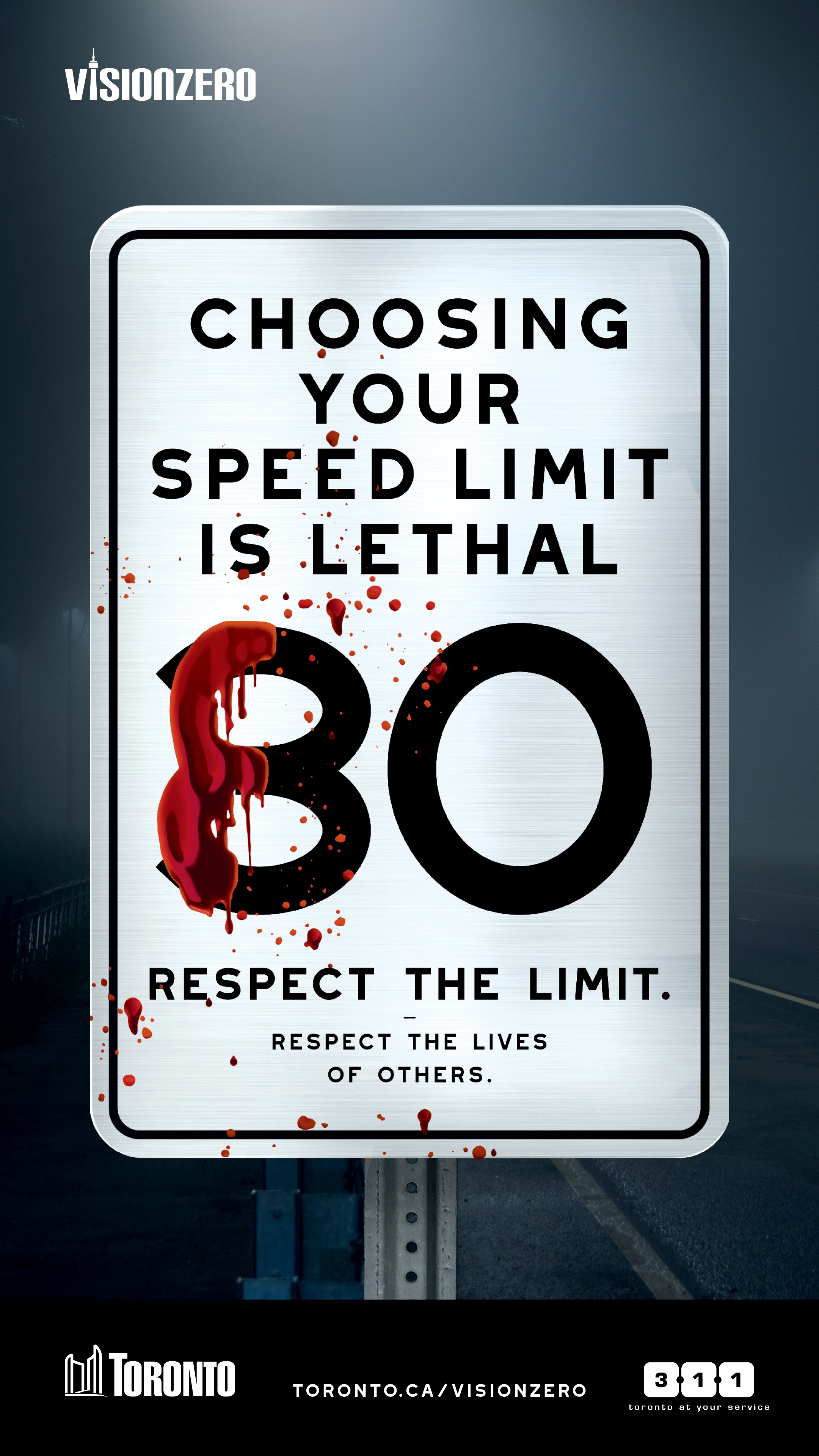 An image of a white speed sign that is 30km/hr changed to 80, that reads choosing our speed limit is lethal. Respect the limit. Respect the lives of others. 