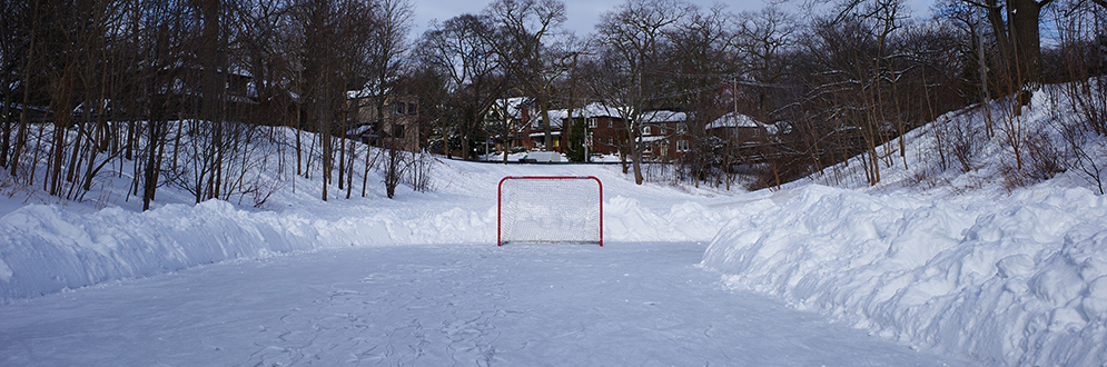 A photo of a natural ice rink at Glen Stewart Park. There is a red hockey net on the ice and snow around the outside of the rink. Off into the distance are houses and trees.