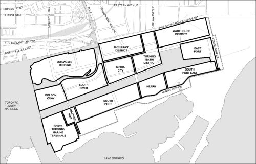 Several districts are identified in the Port Lands Planning Framework including Media City, Turning Basin District, Warehouse District, East Port, South Port East, Maritime Hub, South Port, South River, Ookwemin Minising, Polson Quay, McCleary District and Ports Toronto.