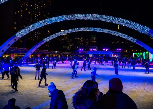 Nighttime skating at Nathan Phillips Square