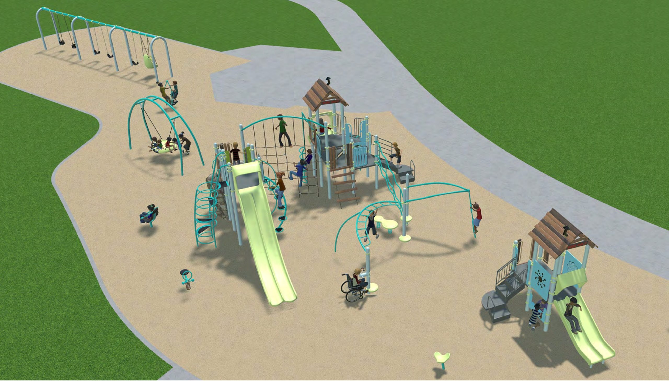An aerial rendering of the redesigned playground. From the lower-right to the upper-left, it includes a junior play structure with a double slide, a senior play structure with slides and climbing features, a springer, various spinners and two swing sets.