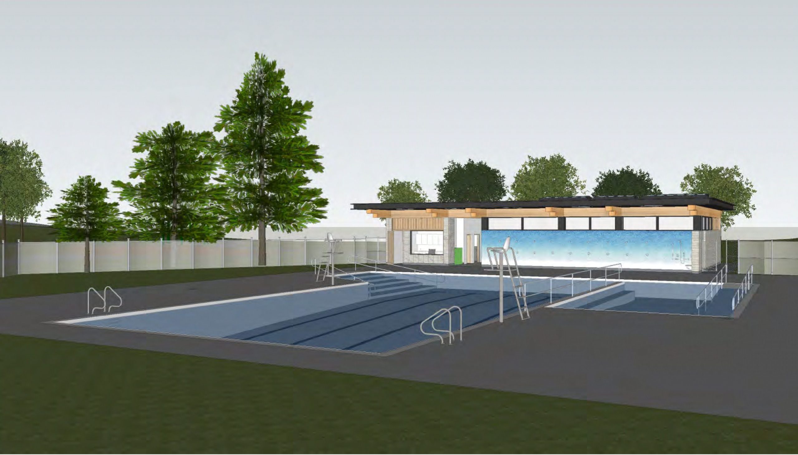 A rendering of the new outdoor swimming pool featuring two connected pools with steps, ramps and rails for access. On the left is a large, five-lane lap pool, and on the right is a smaller family side pool. A single-storey building behind the pool has grey brick walls, a wooden awning and showers along one side of the front exterior. The area is fenced and bordered by tall trees.