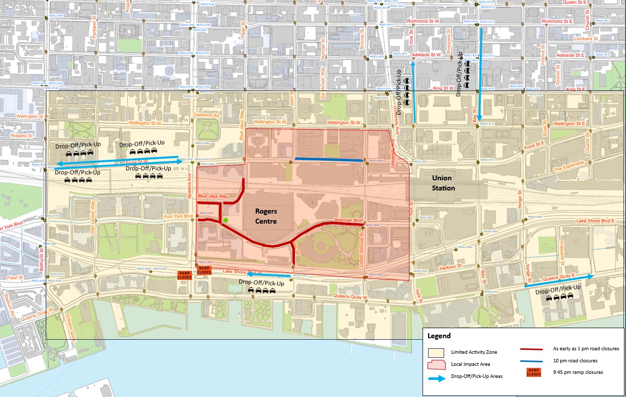Map showing planned road closures around the Rogers Centre during Taylor Swift's concerts in Toronto.