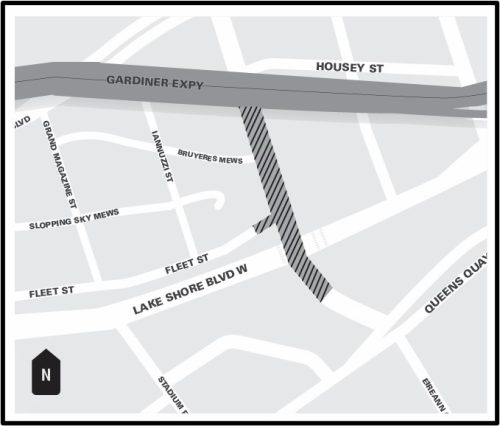 Map of work area along in the intersection of Bathurst Street and Lake Shore Boulevard. Work area is along Bathurst Street just below the Gardiner Expressway to the north and just south of Lake Shore Boulevard. Work is also included on Fleet Street from Bathurst Street to Ianuzzi Street. For more information please contact Mark De Miglio at 416 395 7178 or email bathurstlakeshore@toronto.ca