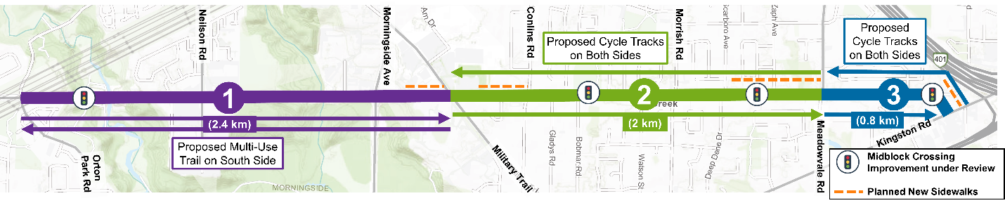 Map showing segments of Ellesmere Complete Street Project with 1 (proposed multi-use trail on south side), 2 (proposed cycle tracks on both sides and 3 (proposed cycle tracks on both sides) between Orton Park Road and Kingston Road.