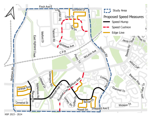 Map of proposed speed measures including speed hump, speed cushion and edge line. For details, contact Anna Kim at 416-338-1837.
