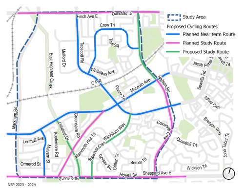 Map of proposed transportation options including proposed cycling routes, planned near term routes, planned study routes, and proposed study routes. For details, contact Anna Kim at 416-338-1837.