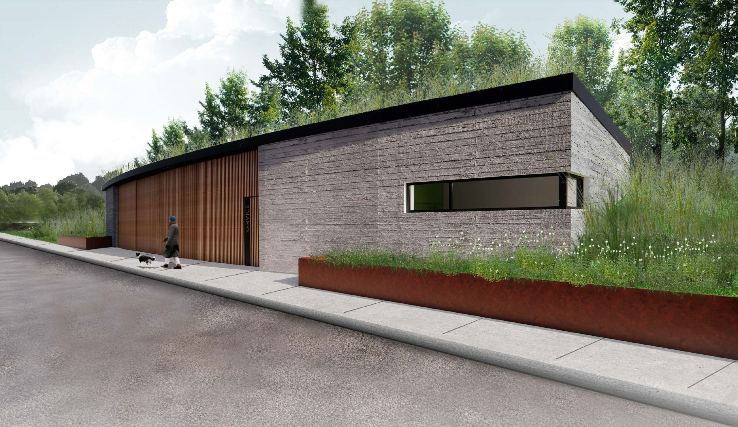 Rendering of the facilities building, viewed from the parking area. The single-storey building has a flat, landscaped green roof. The left side of the exterior is made up of wooden panels, while the right is in grey masonry and includes an elongated strip window at its centre. On either side of the building are low, brown walls separating the surrounding vegetation from the sidewalk.