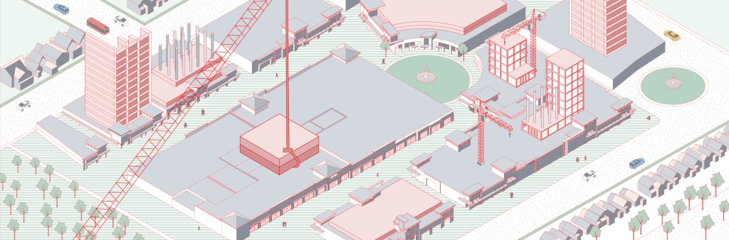 A conceptual rendering of a mall redevelopment site in progress” Please shorten the alt text, for example: “Illustration of a one-story mall site with apartment towers, parks, and public spaces under construction, surrounded by family homes.