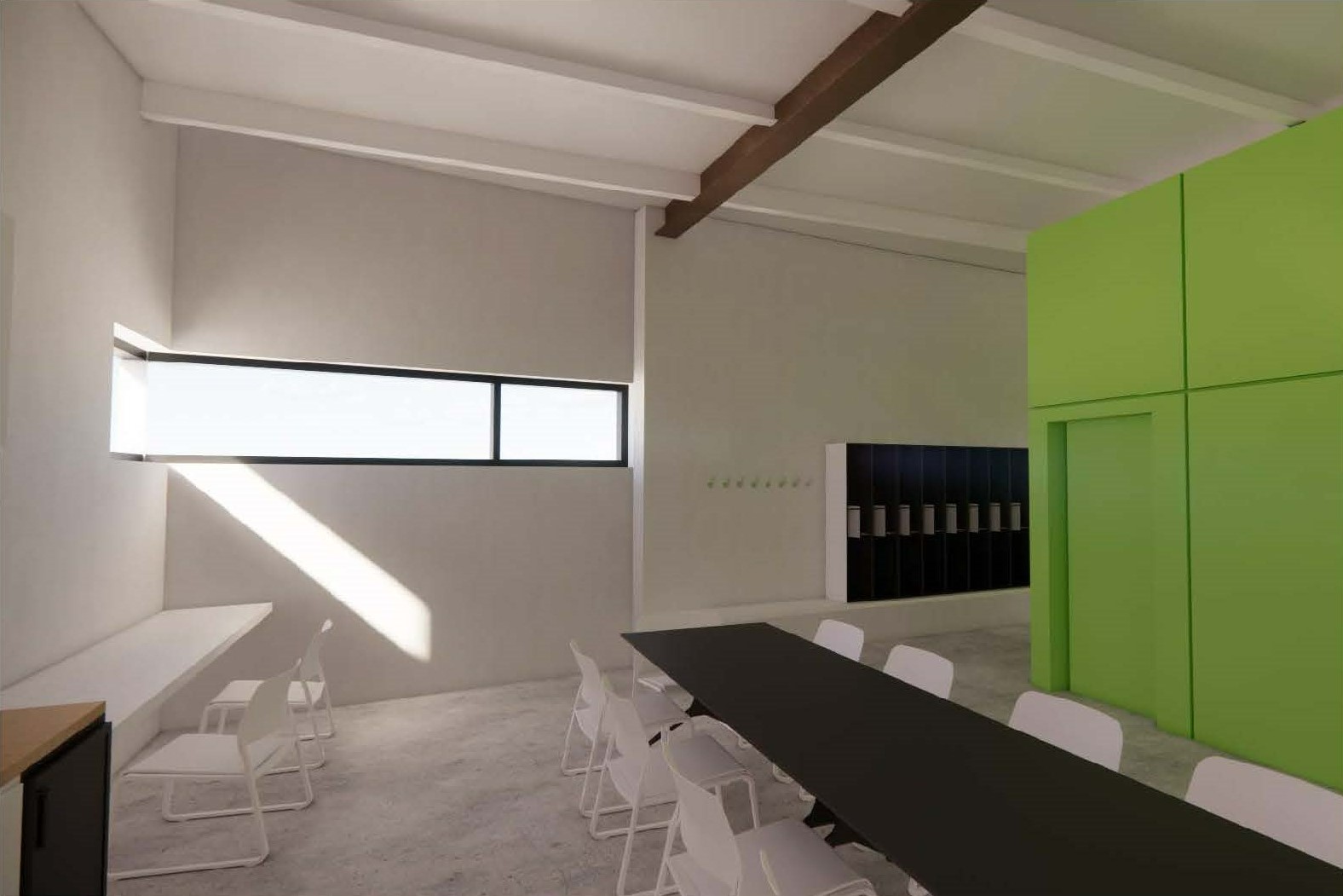 Rendering of the staff meeting and work room in the facilities building, featuring a long, black table with white chairs placed on either side. On the left is a wall-mounted table top with chairs; on the right is a partial green wall with a door. Sunlight filtering through a long strip window illuminates the beige walls and floor. Wall-mounted black lockers are visible in the background.