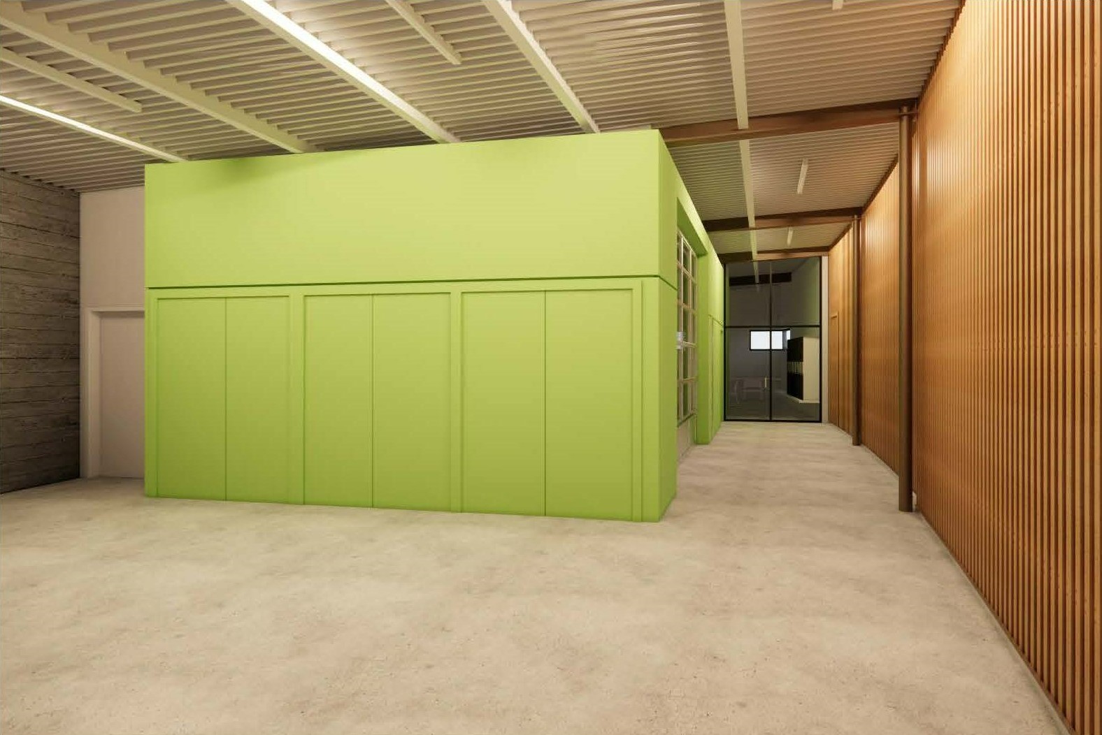 Rendering of the repair garage in the facilities building, looking towards the corridor that leads to the staff meeting and work room. In the centre of the garage is an enclosed rectangular storage space with green walls and doors. The garage also features an exposed roof structure and deck, concrete floors, a masonry wall on the left and a door at the entrance.